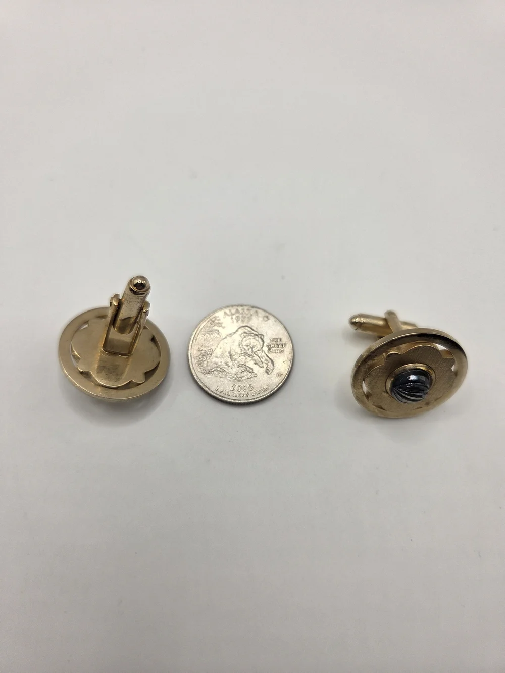 1594. Vintage Gold Tone and Black Round Cufflinks with Striped Black Center